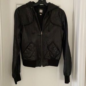 Aqua hooded leather bomber jacket